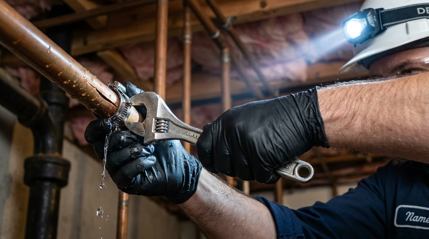 Emergency pipe clamp repair being performed by a Johns Plumbing LLC plumber in Cascade Locks