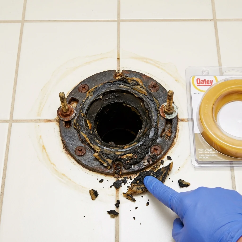 Failed wax ring showing water seepage at the base of a toilet in a Cascade Locks, OR home